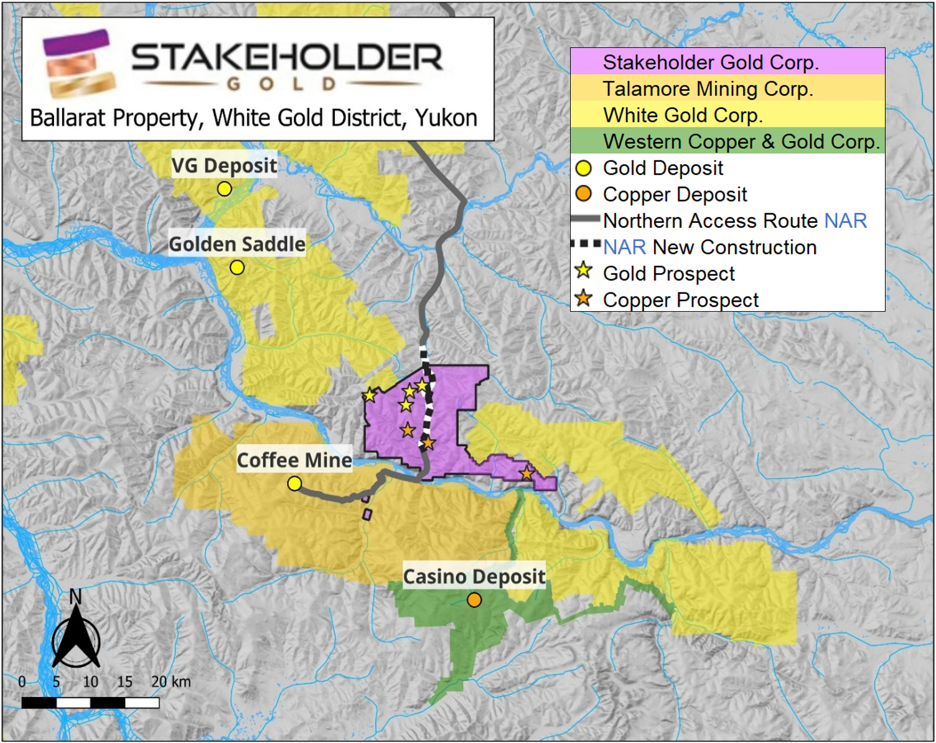 Regional location of the Ballarat Gold-Copper Project, adjacent to Talamore Mining's Coffee Gold Project, White Gold District, Yukon