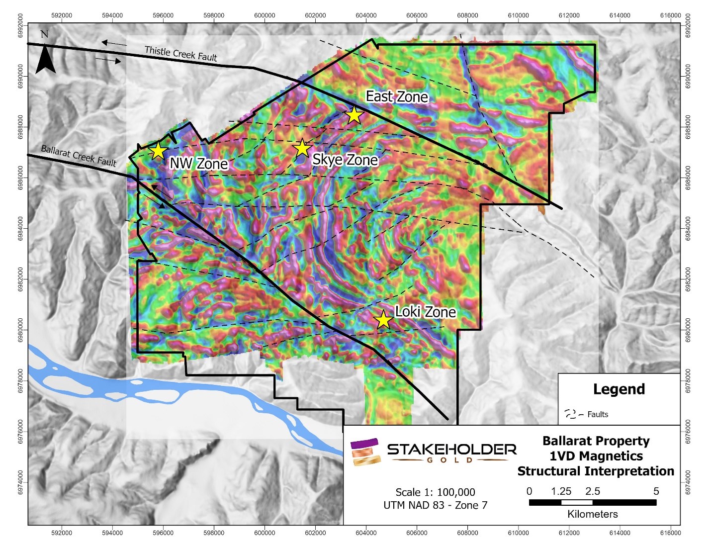 Drone magnetic survey of the Ballarat Property showing 1VD magnetics and structural interpretation