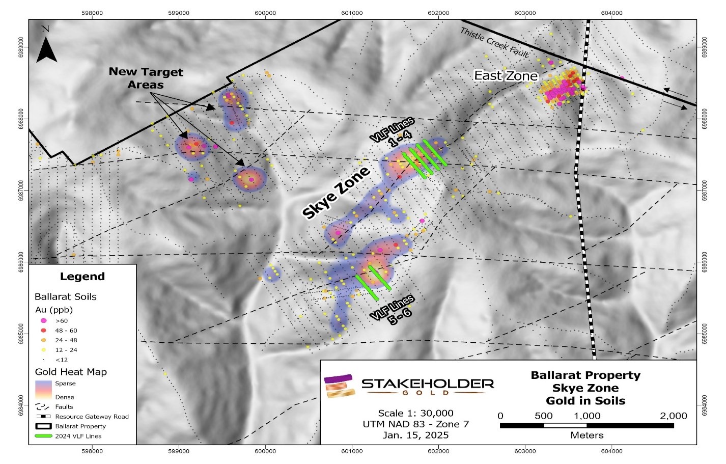 Gold in soils on the Skye Zone with VLF lines and structural interpretation